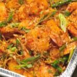 Big Batch Asian Chili Garlic Shrimp in a tray.