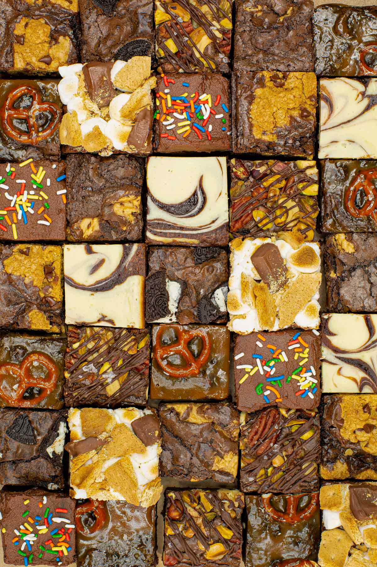 An assortment of brownies squares.