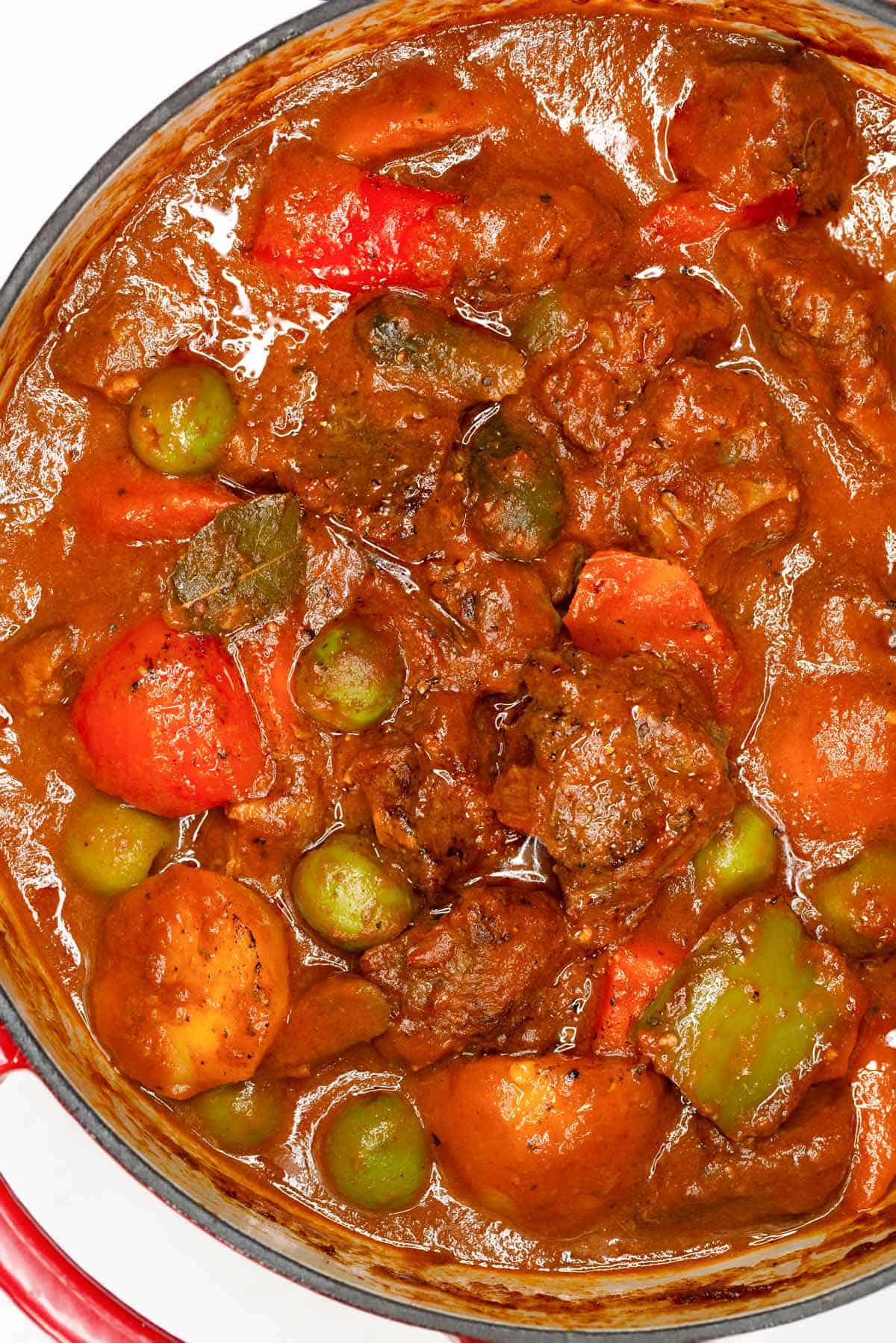 Beef Caldereta in a Dutch oven.