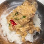 Bicol Express topped on a rice on a plate scooped by a spoon.