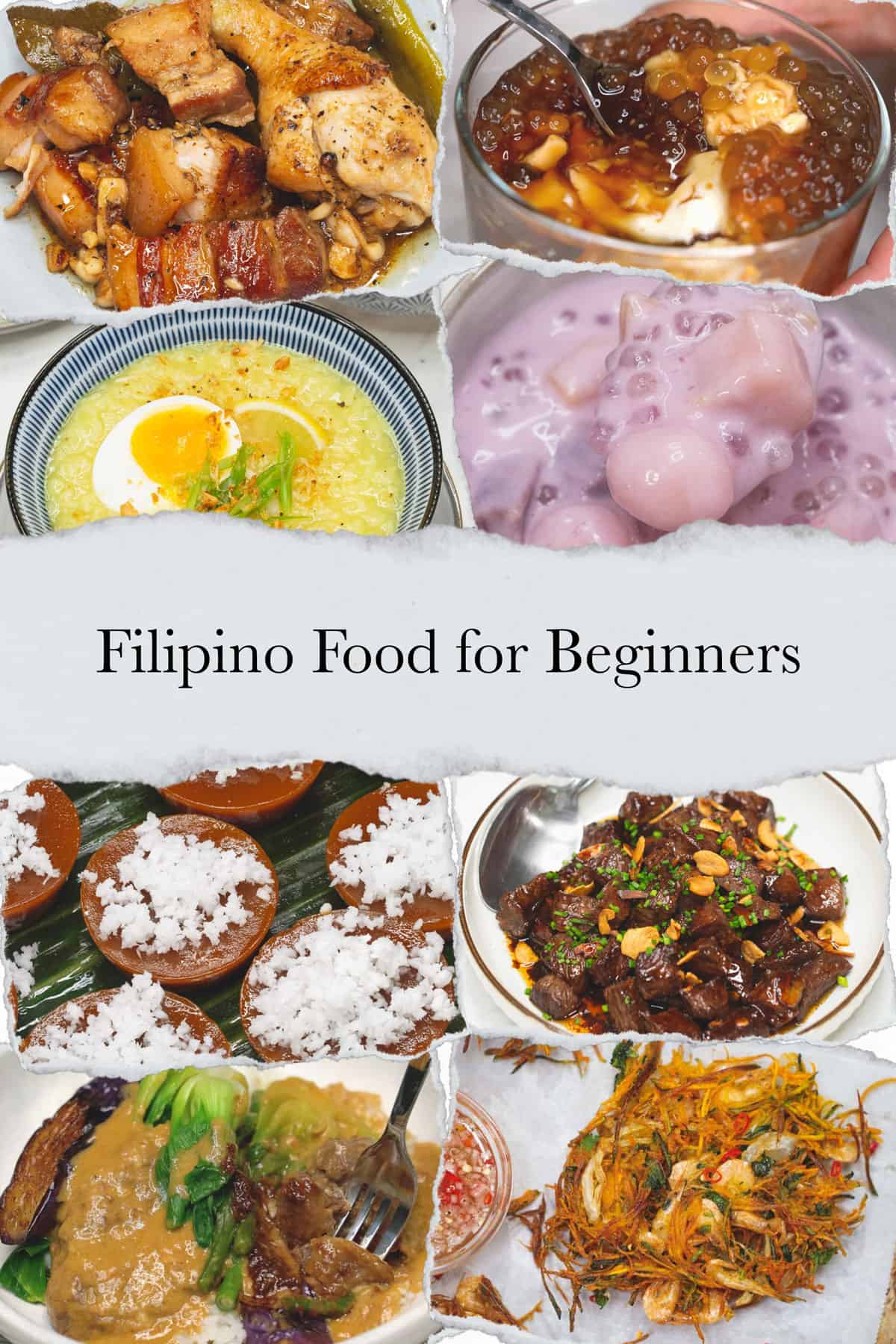 A collage of Filipino foods that includes From top left clockwise: Adobo Puti, Taho, Ginataang Bilo Bilo, Beef Salpicao, Ukoy, Kare-Kare, Kutsinta, and Arroz Caldo