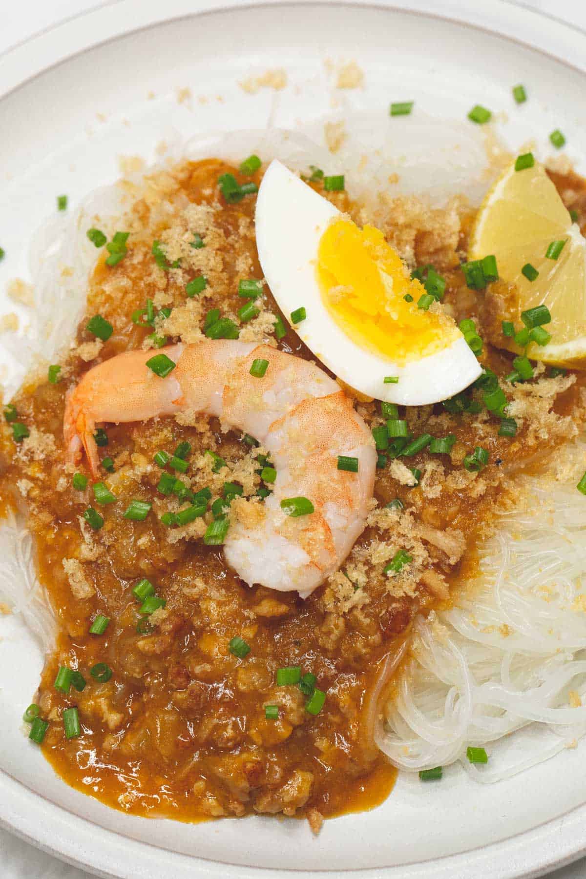Pancit Palabok on a plate.