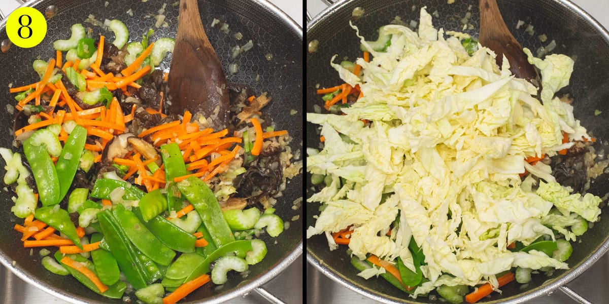 Stir frying the vegetables in a wok, then added the cabbage to the mix. 
