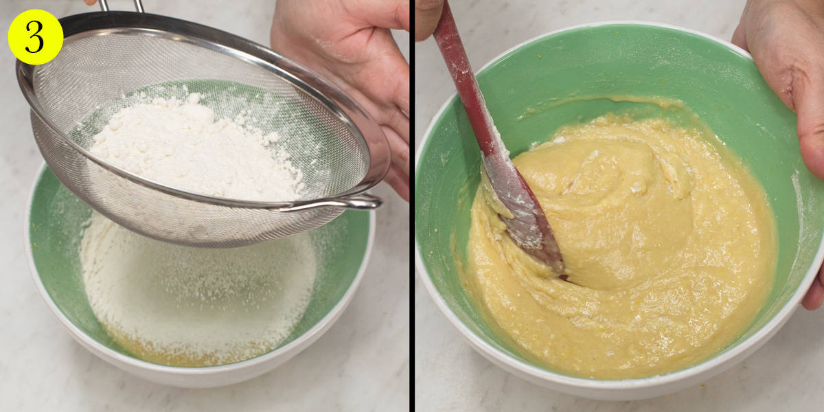 Sifting the dry ingredients over the bowl of wet ingredients, then folding them together using a spatula.