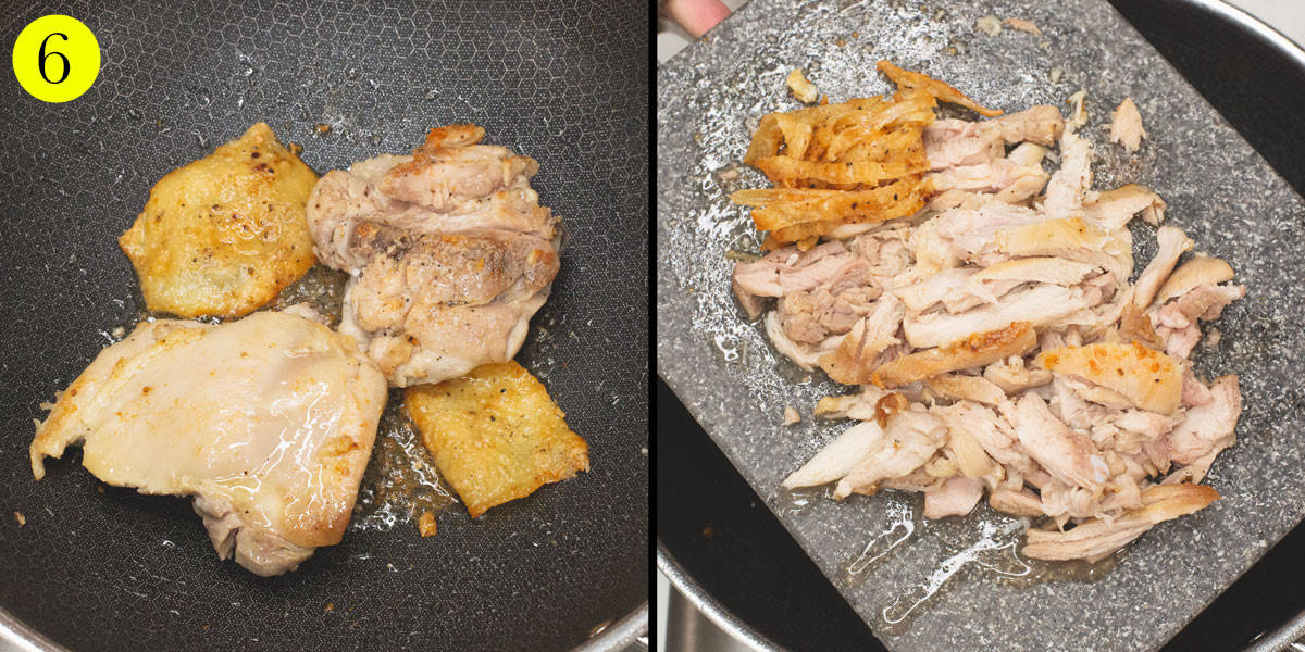 Searing the chicken in a wok, then shredding it on a cutting board.