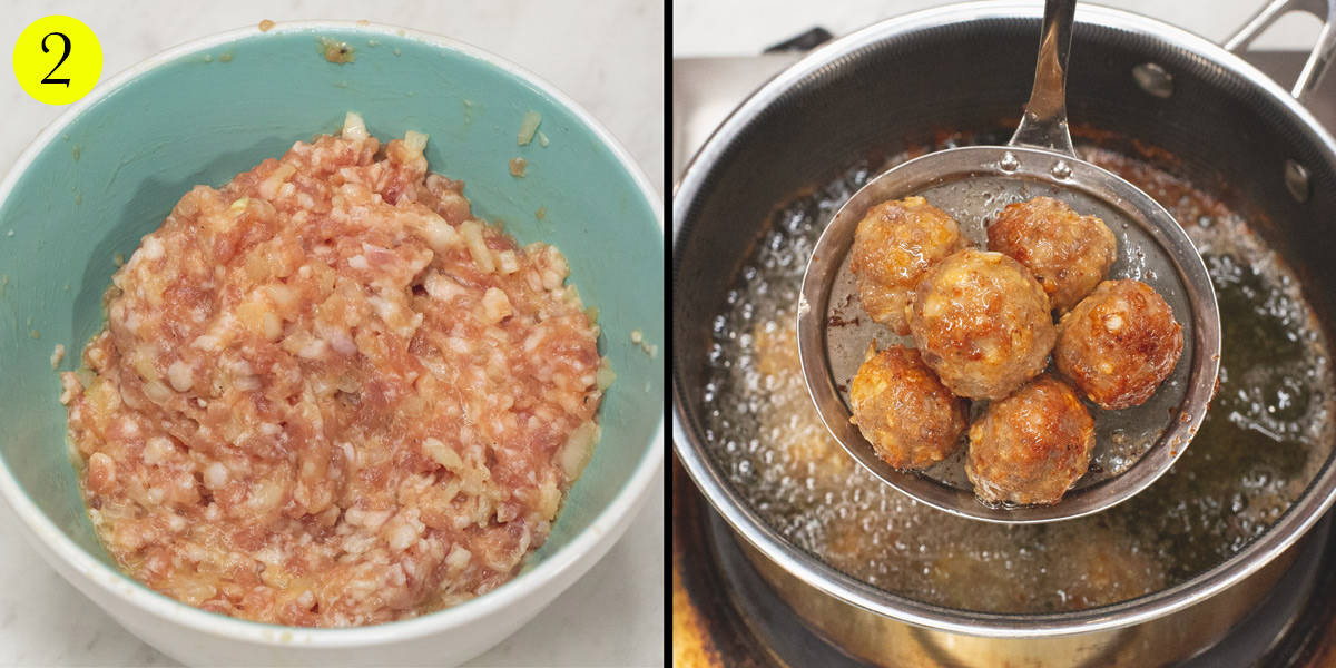 Ground meat mixture in a bowl and straining the fried meatballs in a skimmer over the saucepan.