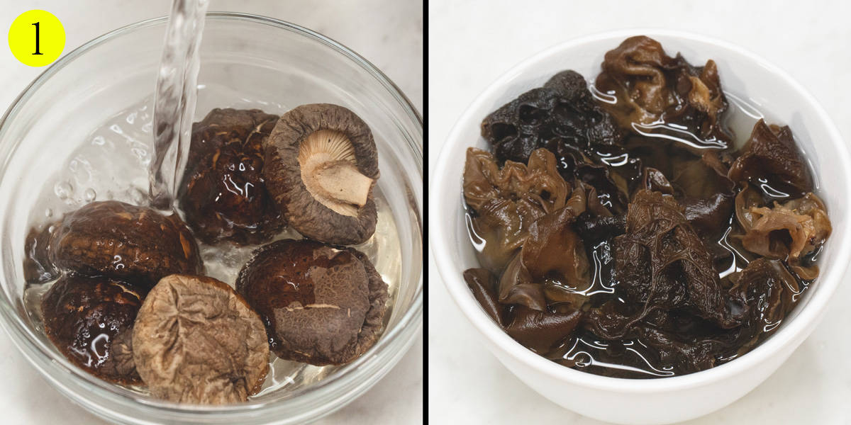 Soaking shiitake mushrroms and wood ear mushrooms in separate bowls.