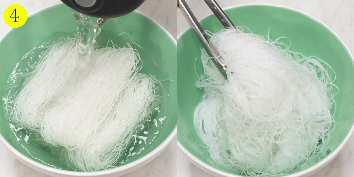 Pouring water into the bowl to soak the sotanghon noodles, then drained the water out.