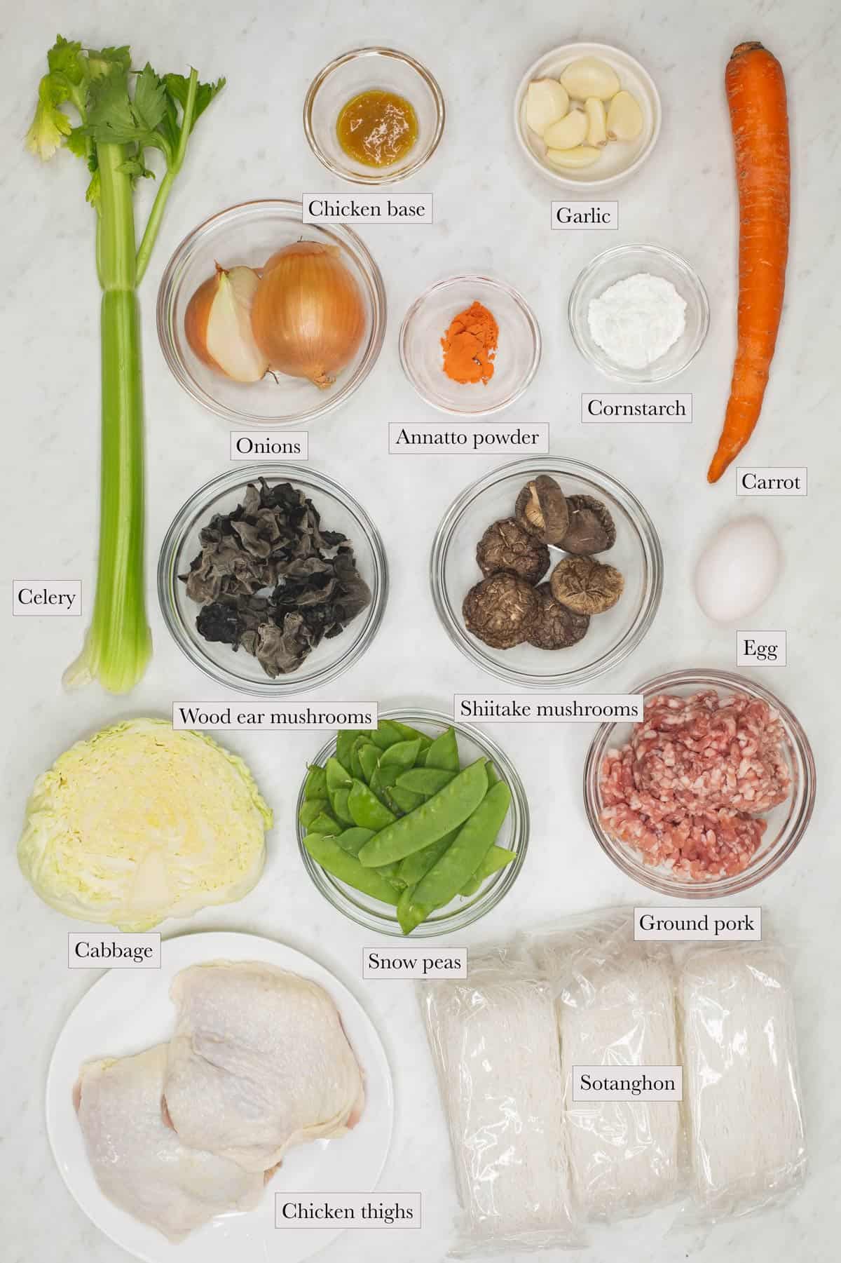Individual ingredients for Sotanghon Guisado.