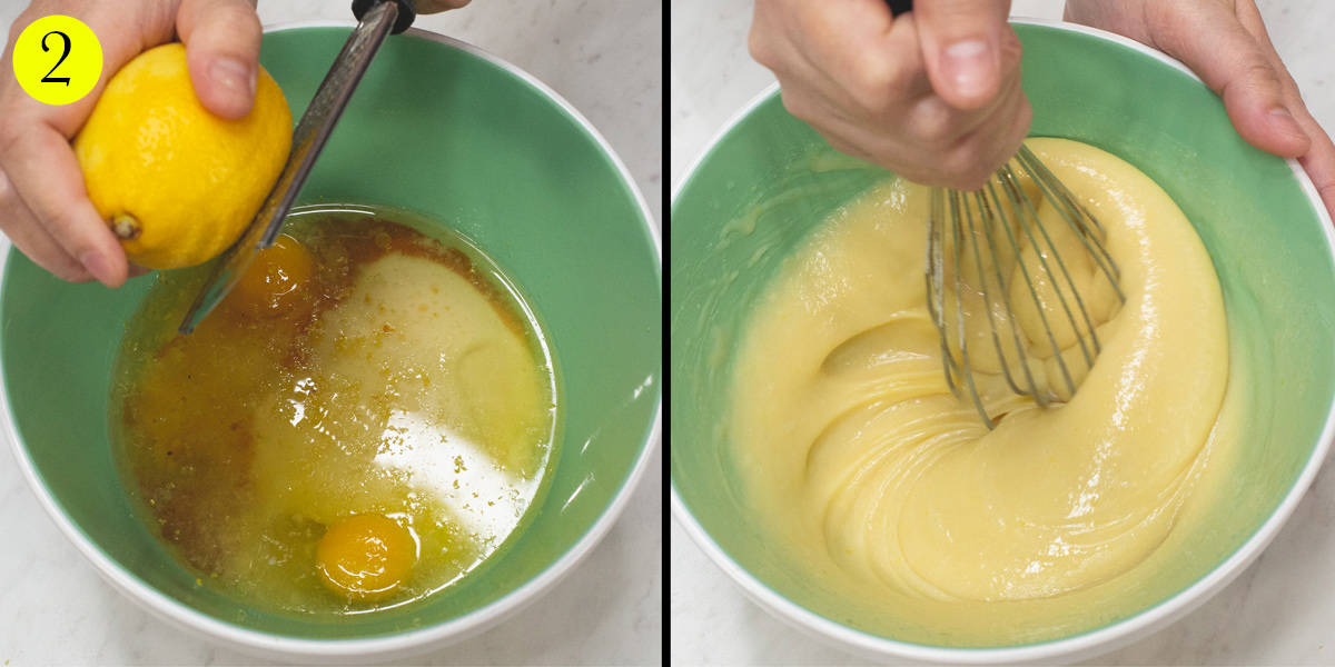 Zesting the lemon over the bowl of wet ingredients, then whisking them together until smooth.
