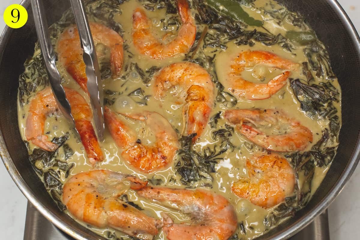 Submerging the shrimp in the coconut milk mixture.