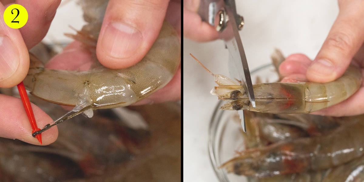 Deveining the shrimp and cutting its sharp end.