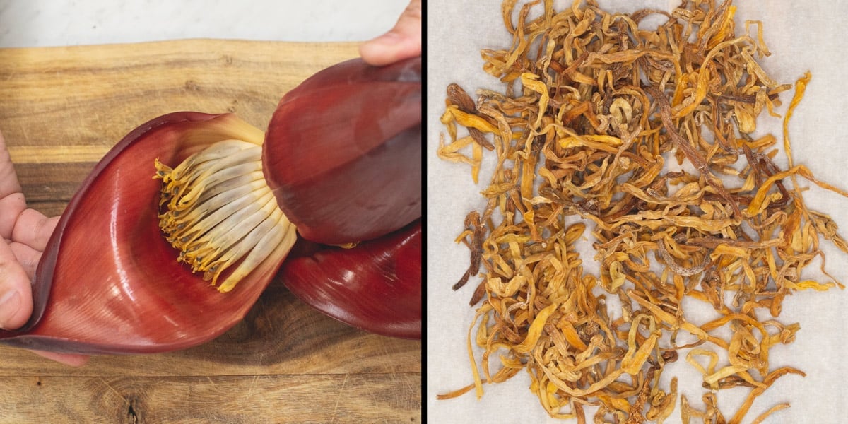 Banana flowers nestled inside the petal of the banana blossom; dried banana blossoms of bulaklak ng saging
