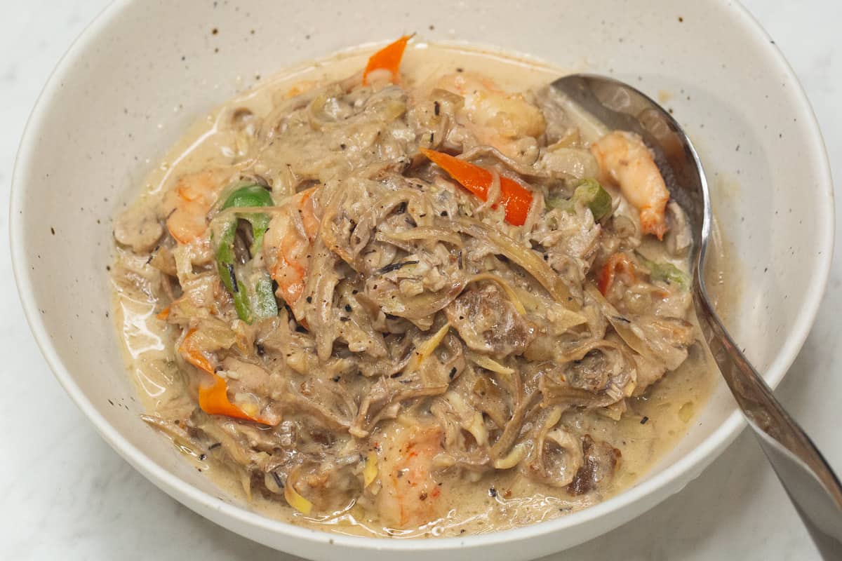 Ginataang Puso ng Saging in a bowl.