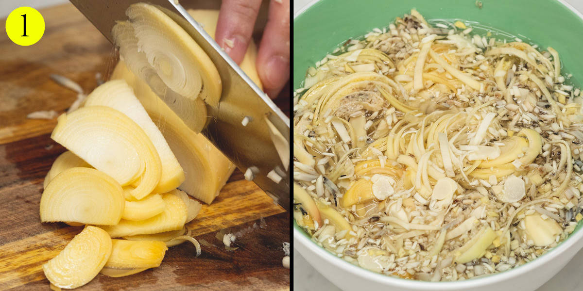 Slicing banana blossoms and soaking them in a bowl. 