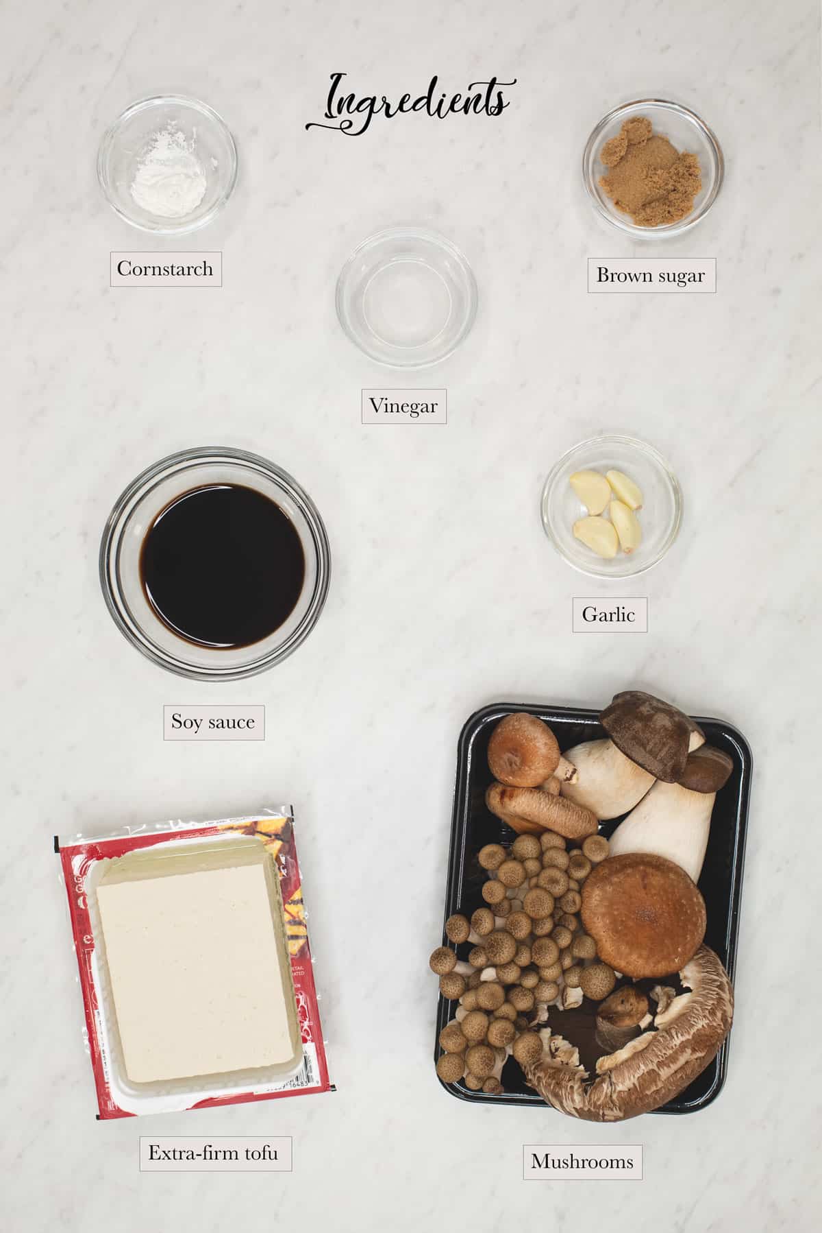 Individual ingredients for Tofu and Mushroom Adobo