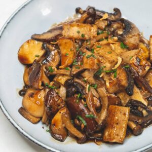 Tofu and Mushroom Adobo on a plate.