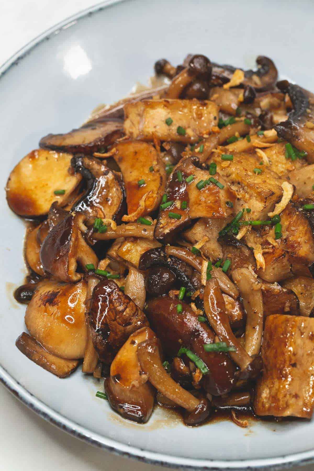 Tofu and Mushroom Adobo on a plate