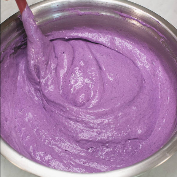 Smooth ube batter after folding in the meringue.