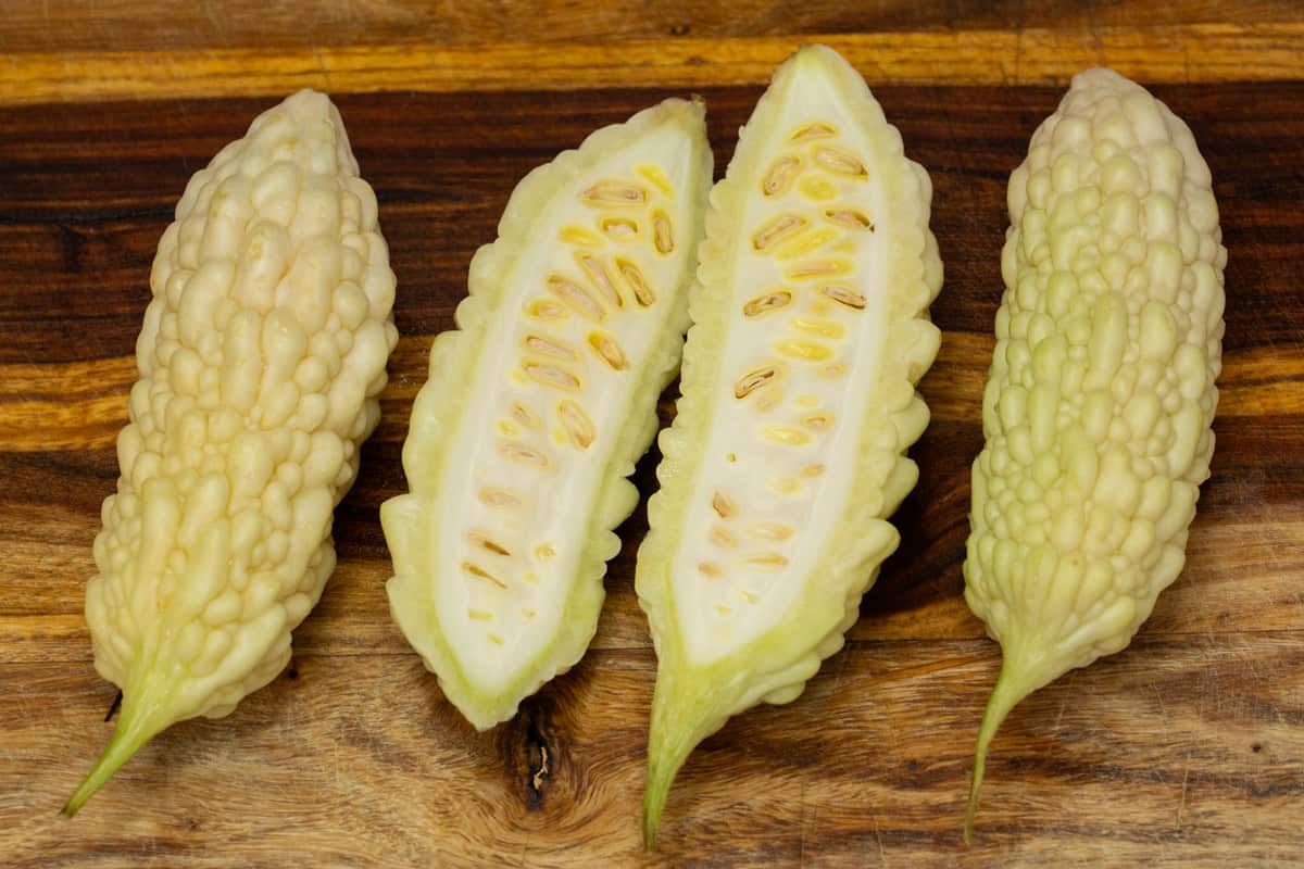white ampalaya on a chopping board