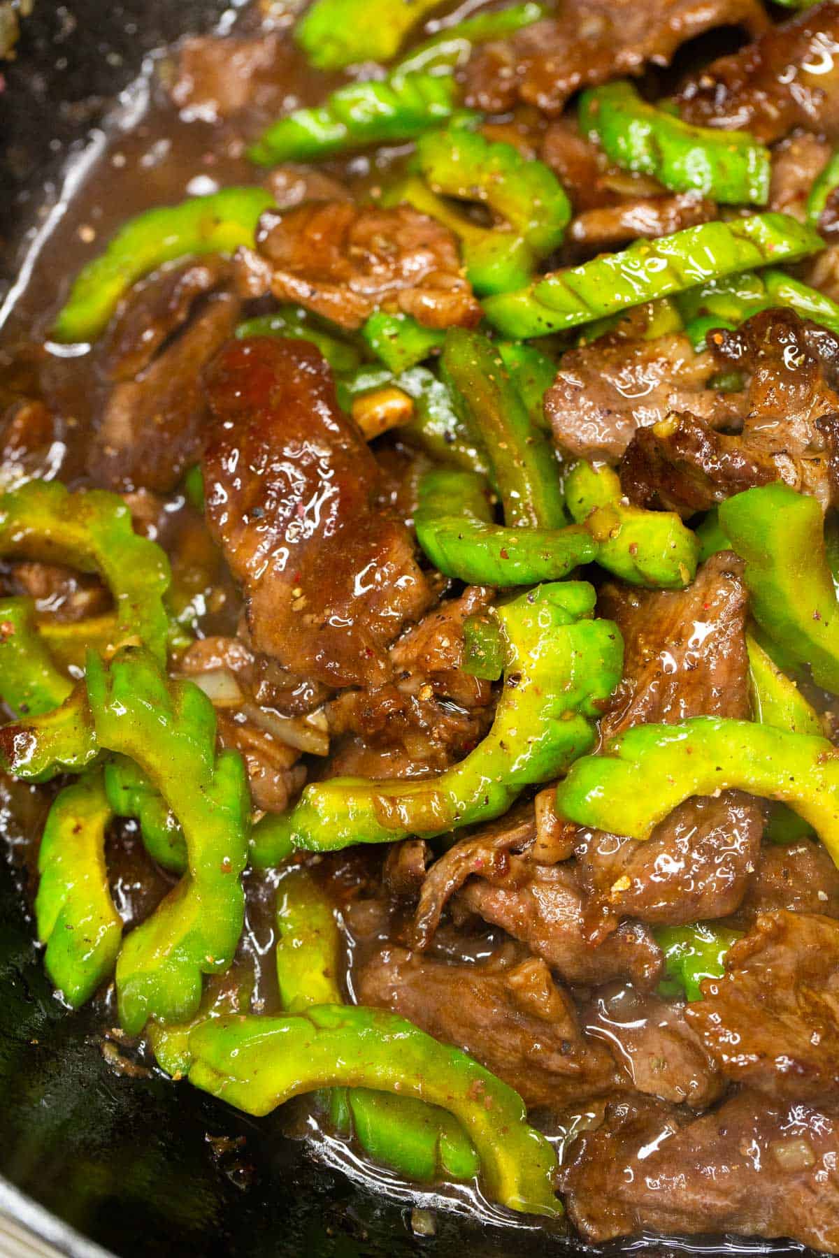 Ampalaya con Carne in a wok