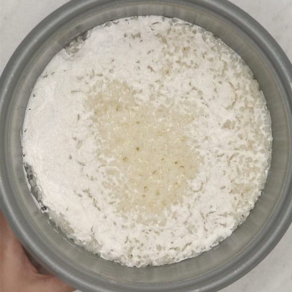 Glutinous rice cooked with coconut milk in the rice cooker.