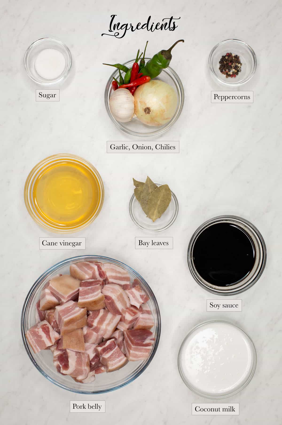 Individual ingredients for Adobo sa Gata (Adobo in Coconut Milk)