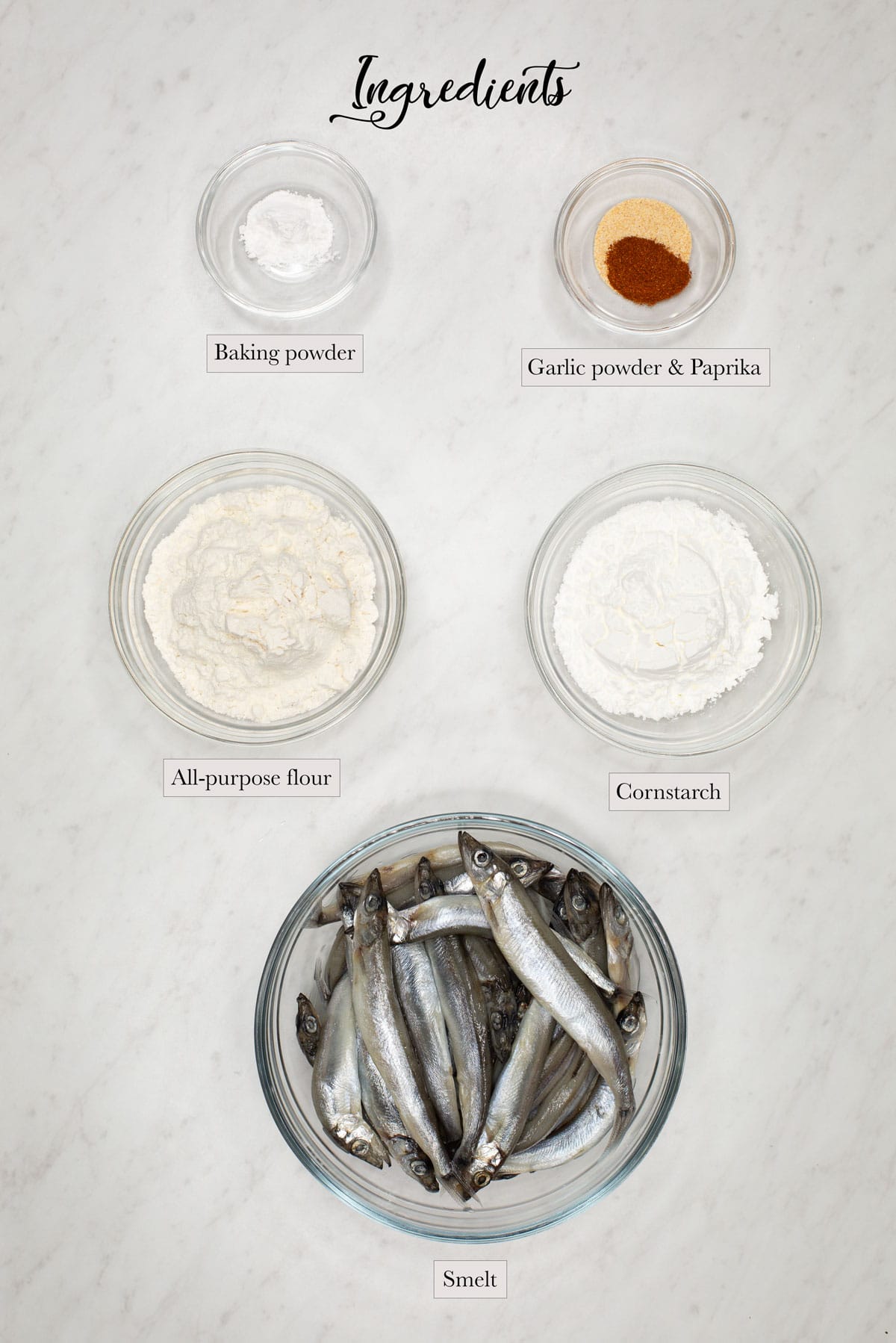 Individual ingredients for crispy fried smelt.