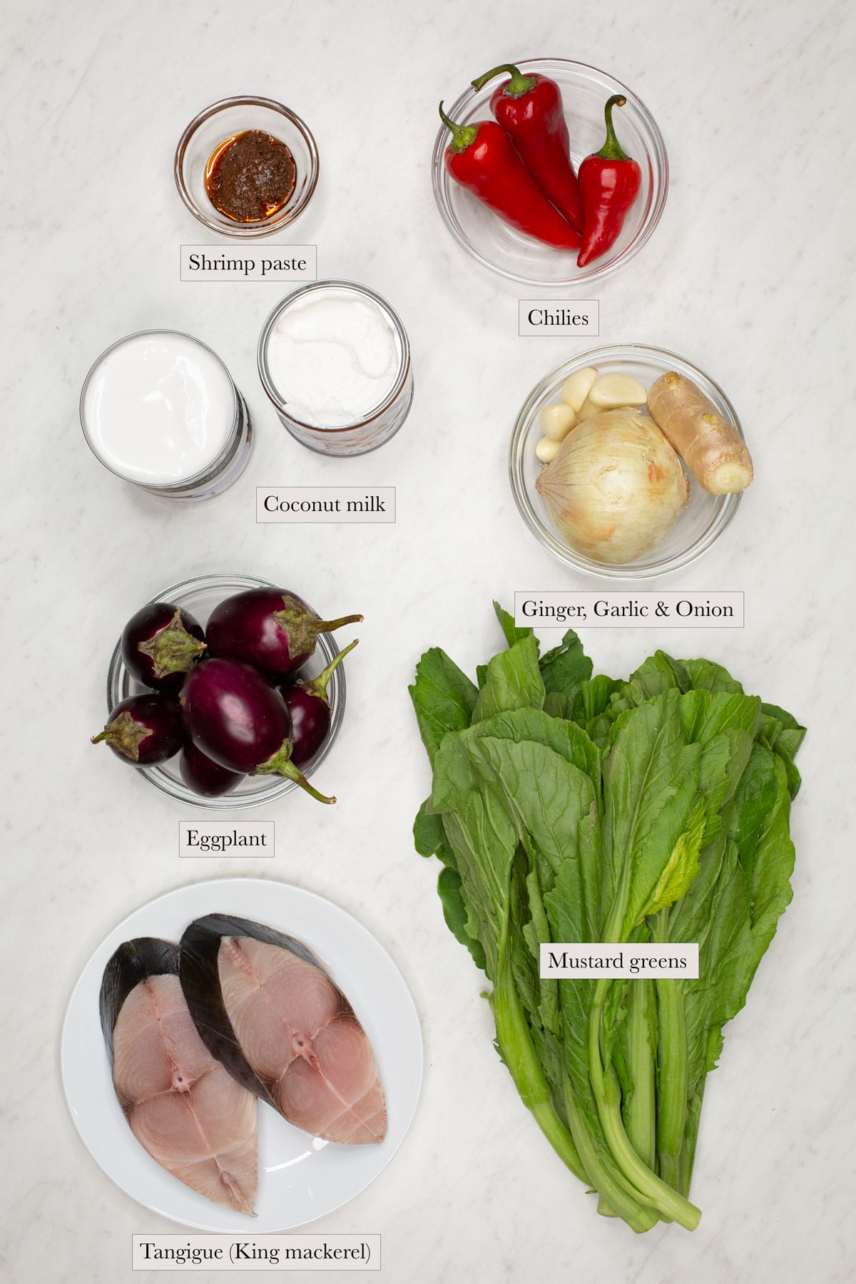 Individual ingredients for Ginataang Isda (Fish and Coconut Milk)