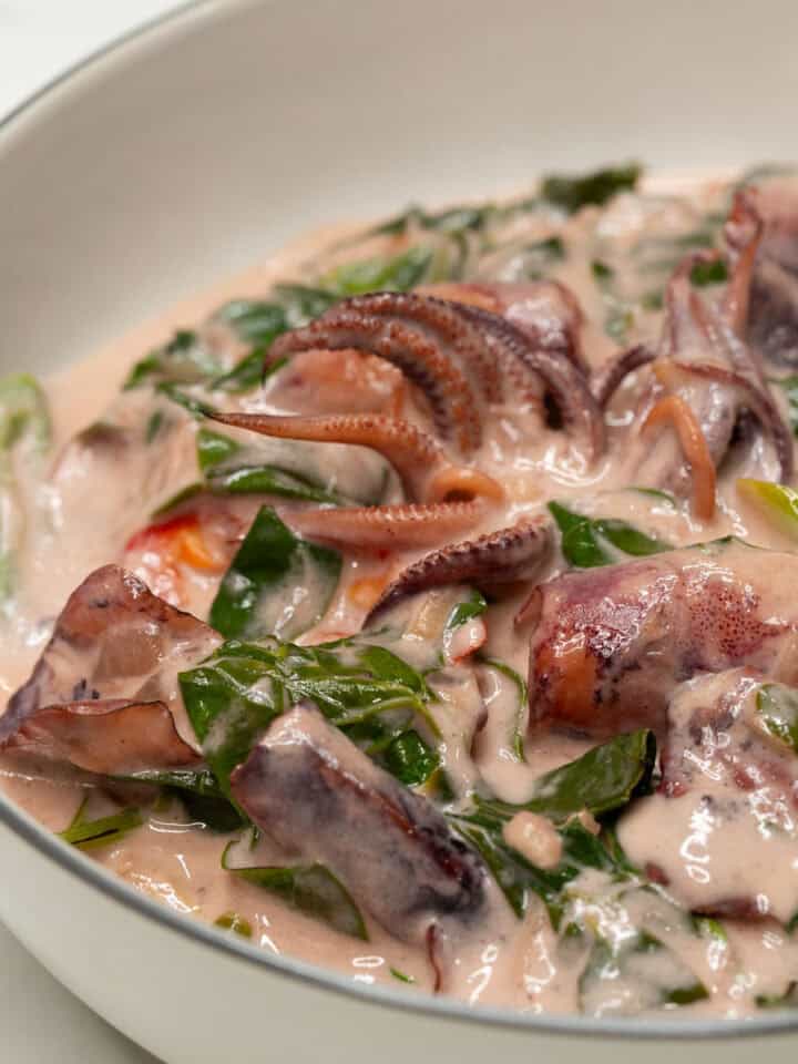 Ginataang Pusit with Malunggay on a bowl
