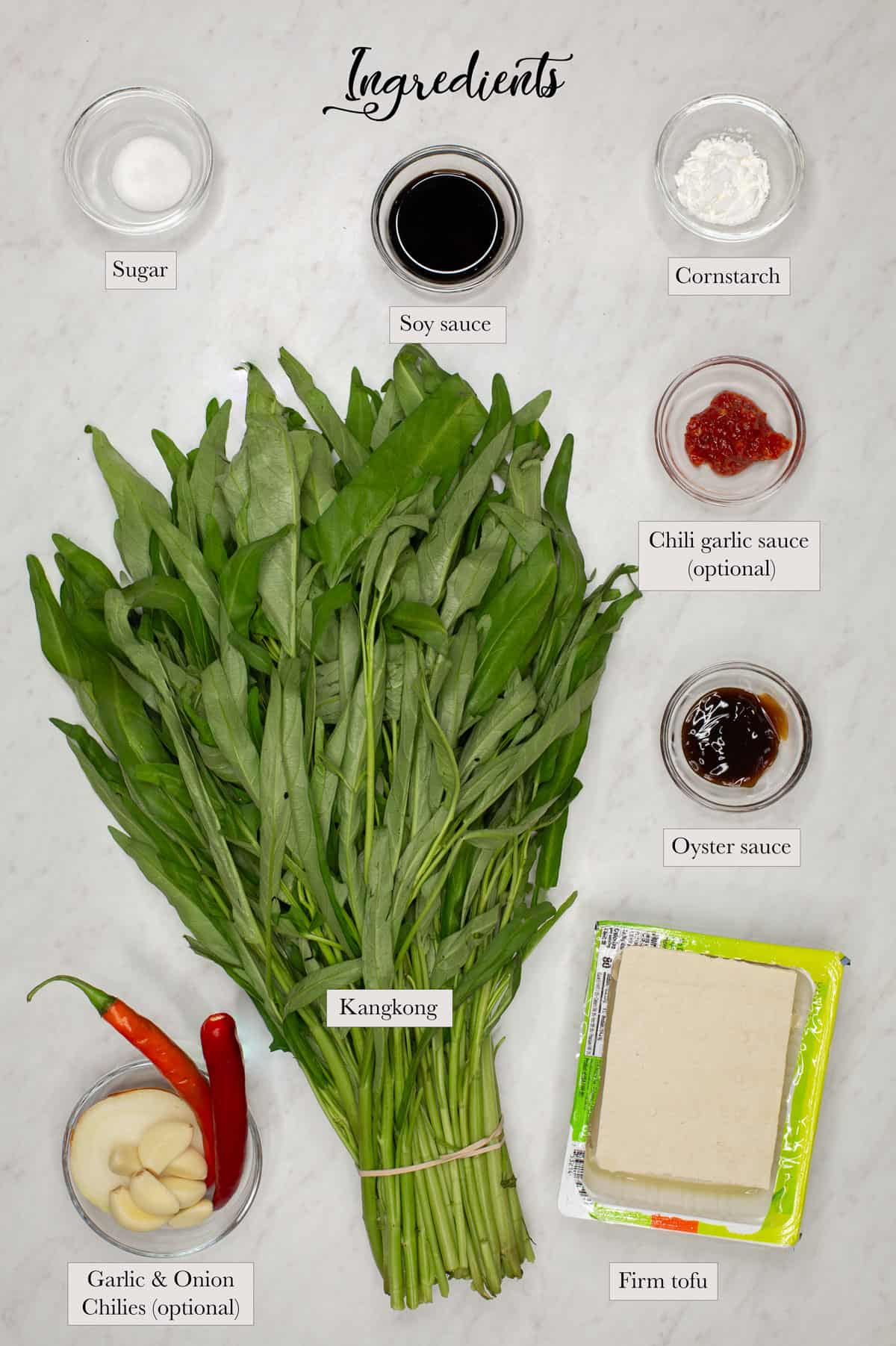 Individual ingredients for Stir-fried Kangkong and Tofu