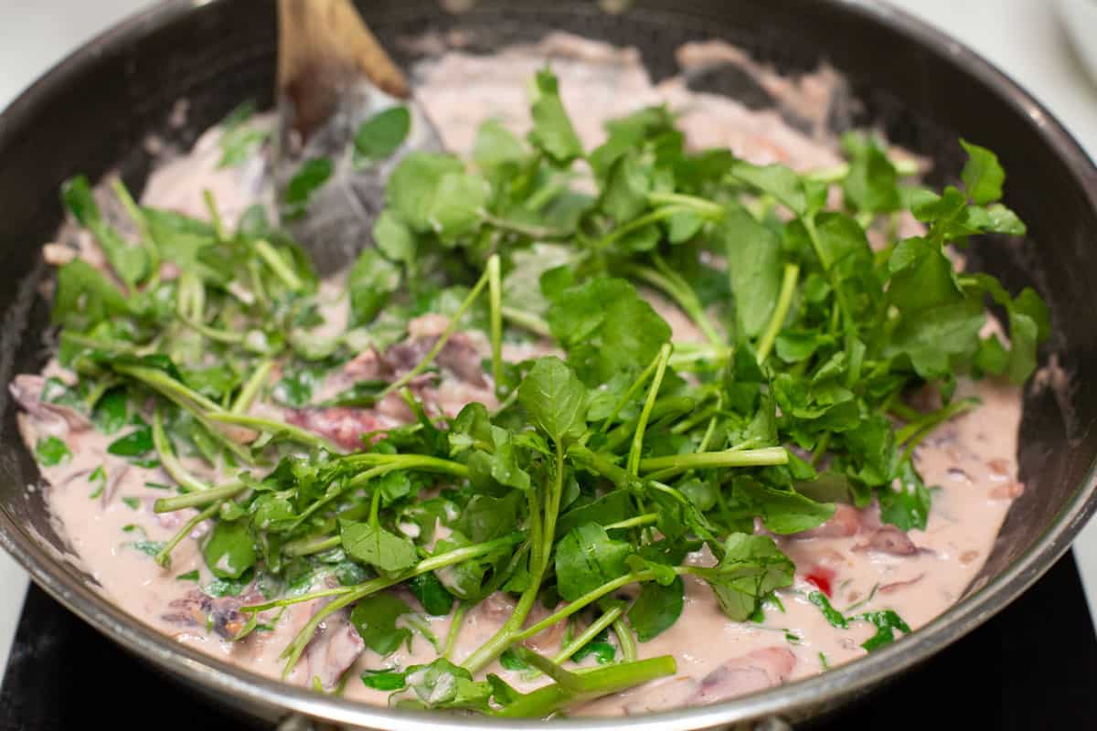 Watercress in the squid and coconut milk mixture.