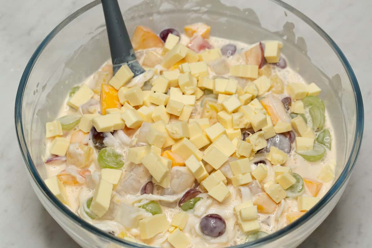 Filipino fruit salad with cheese in a bowl.