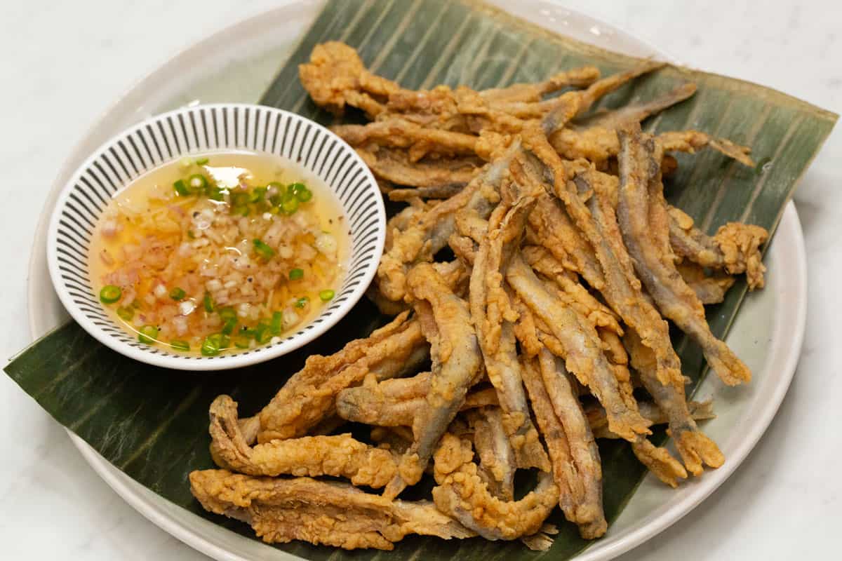 Crispy fried smelt with vinegar dipping sauce.