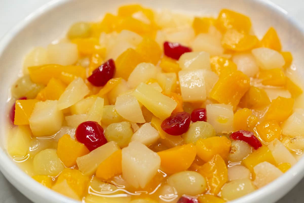 fruit cocktail in a bowl.
