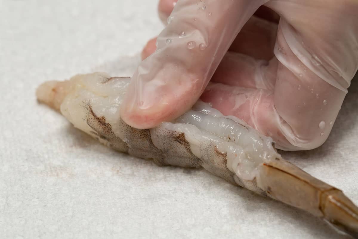 Pushing the back of the shrimp to straighten it.