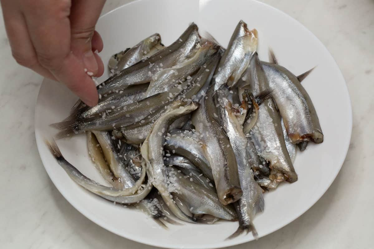 Seasoning the fish with salt.