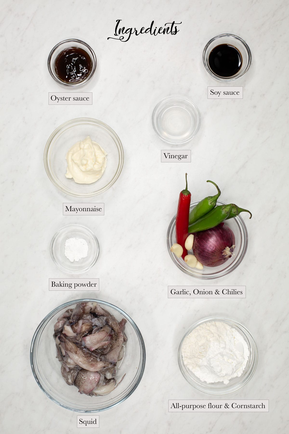 Individual ingredients for Crispy Squid Sisisg