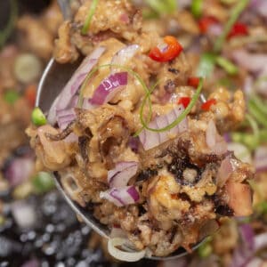 Crispy Squid Sisig on a spoon