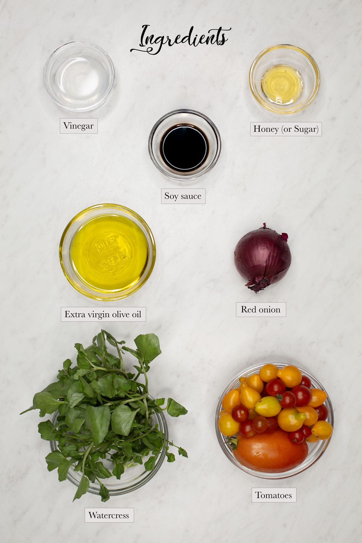 Individual ingredients for Ensaladang Kamatis (Filipino Tomato Salad)
