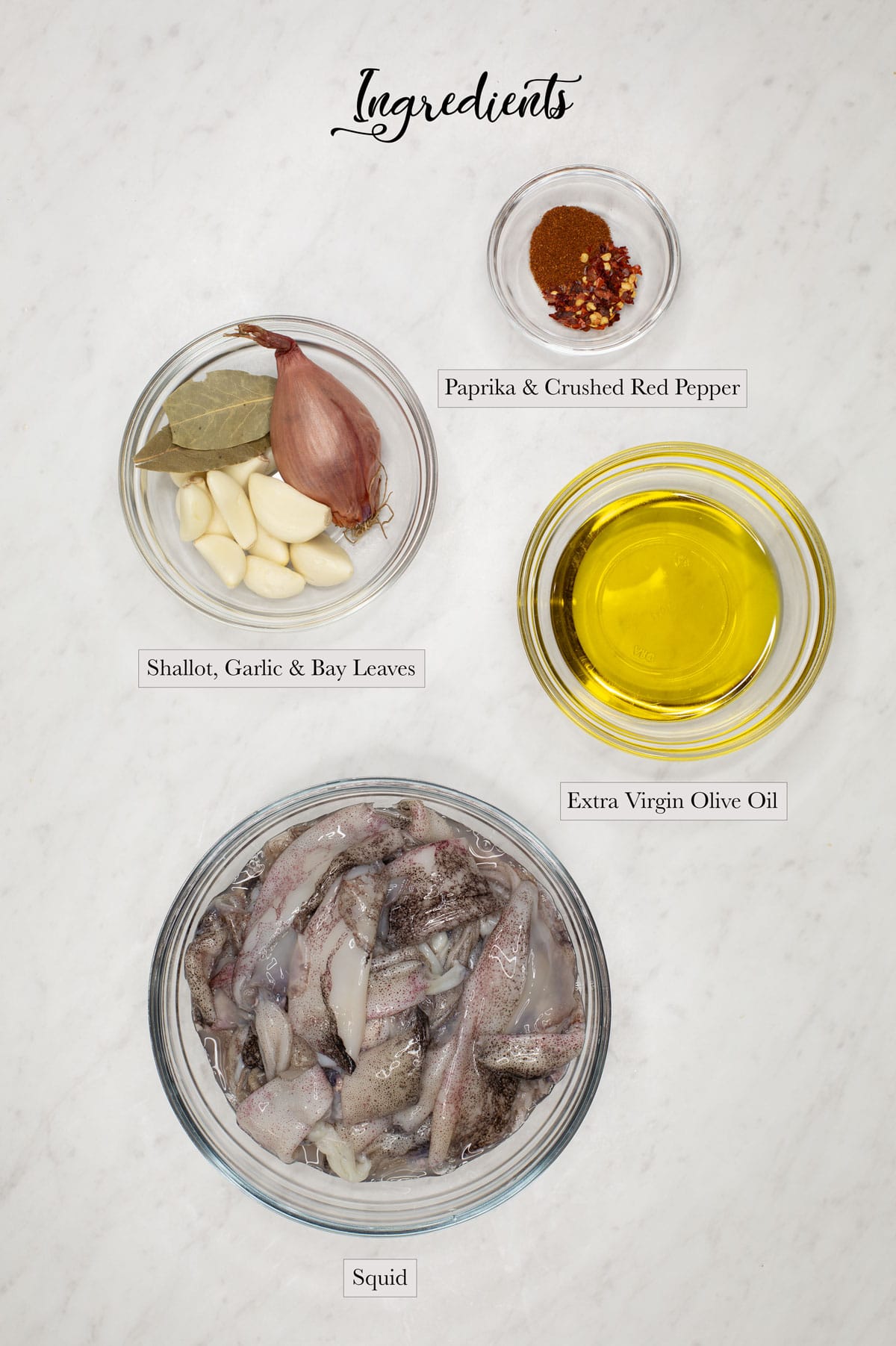 Individual ingredients for Squid in Garlic and Olive Oil
