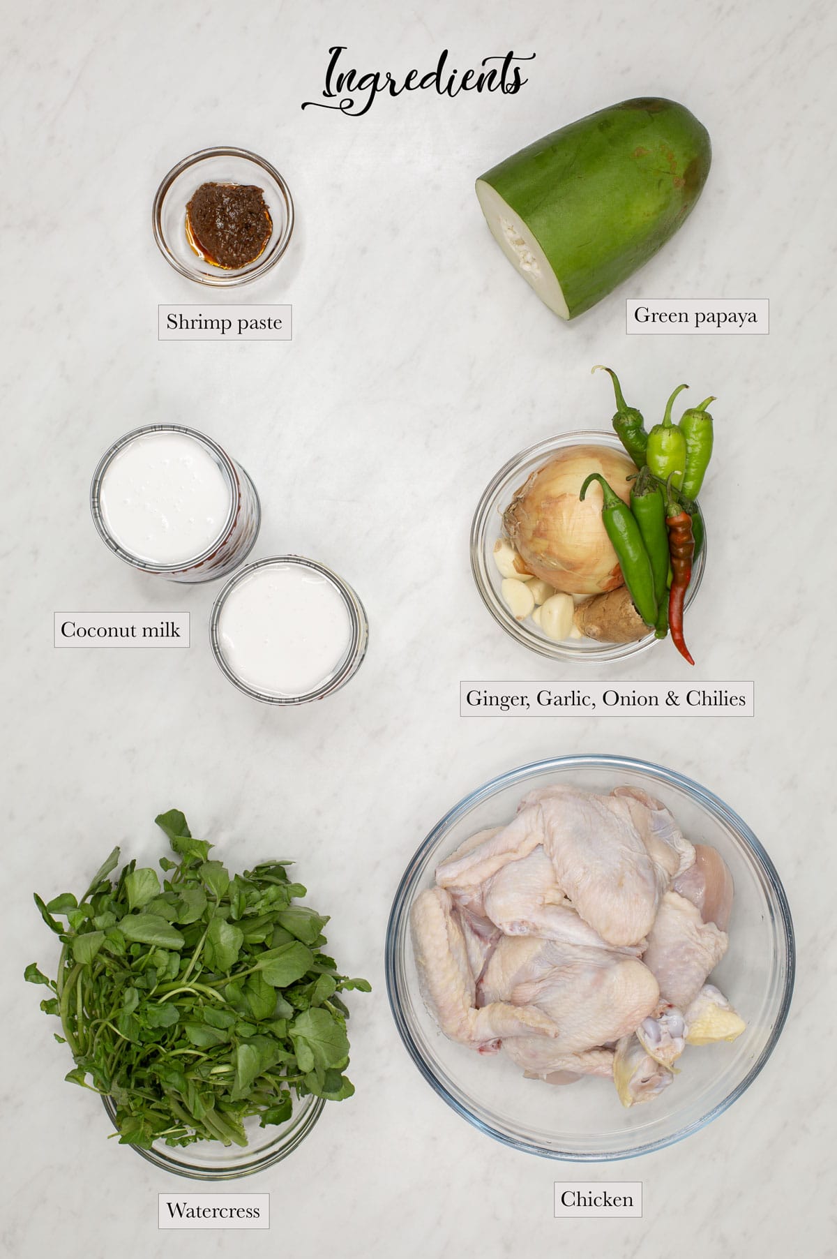 Individual ingredients for Ginataang Manok with Green Papaya and Watercress.