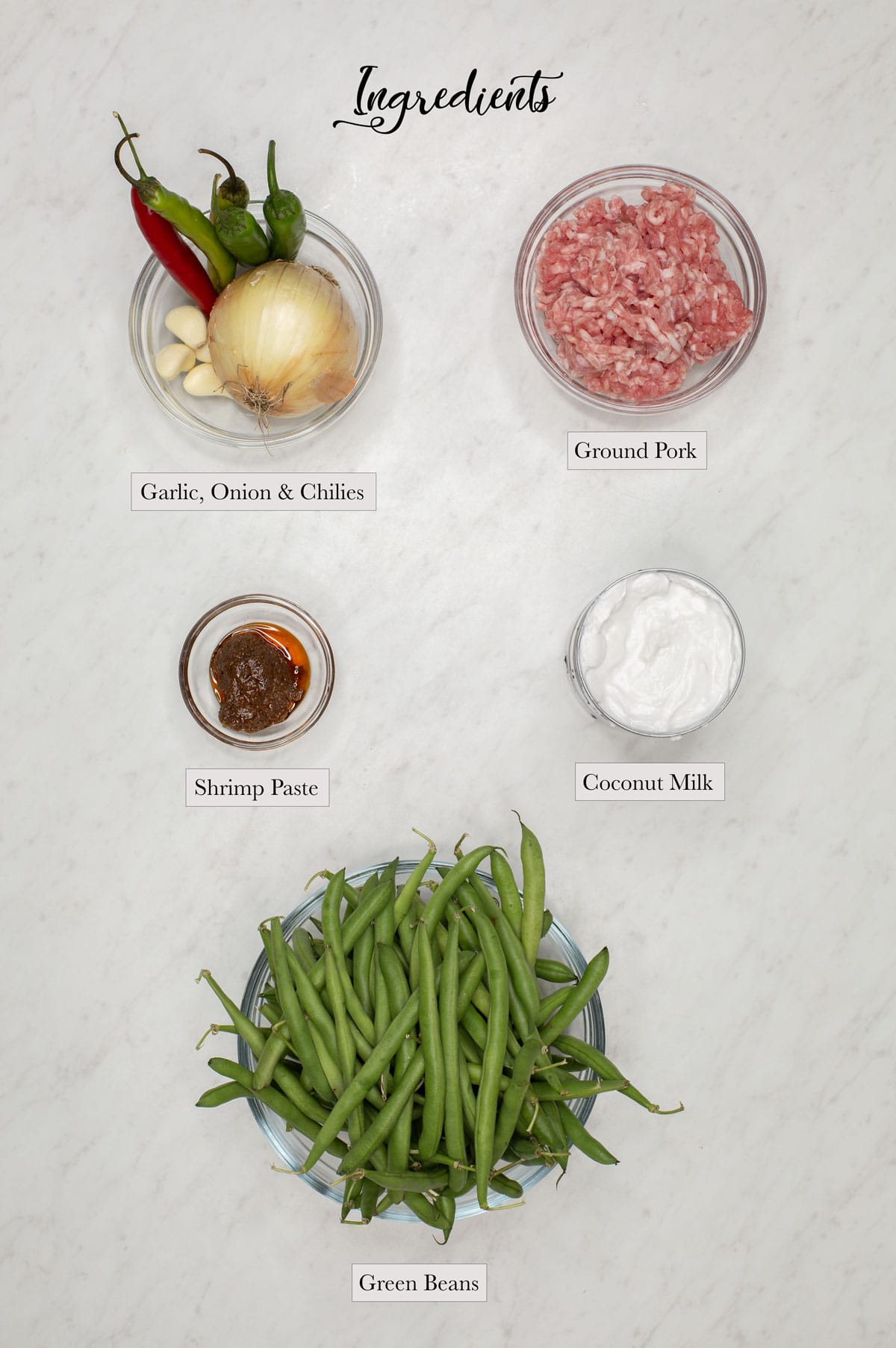 Individual ingredients for Gising-Gising with Green Beans