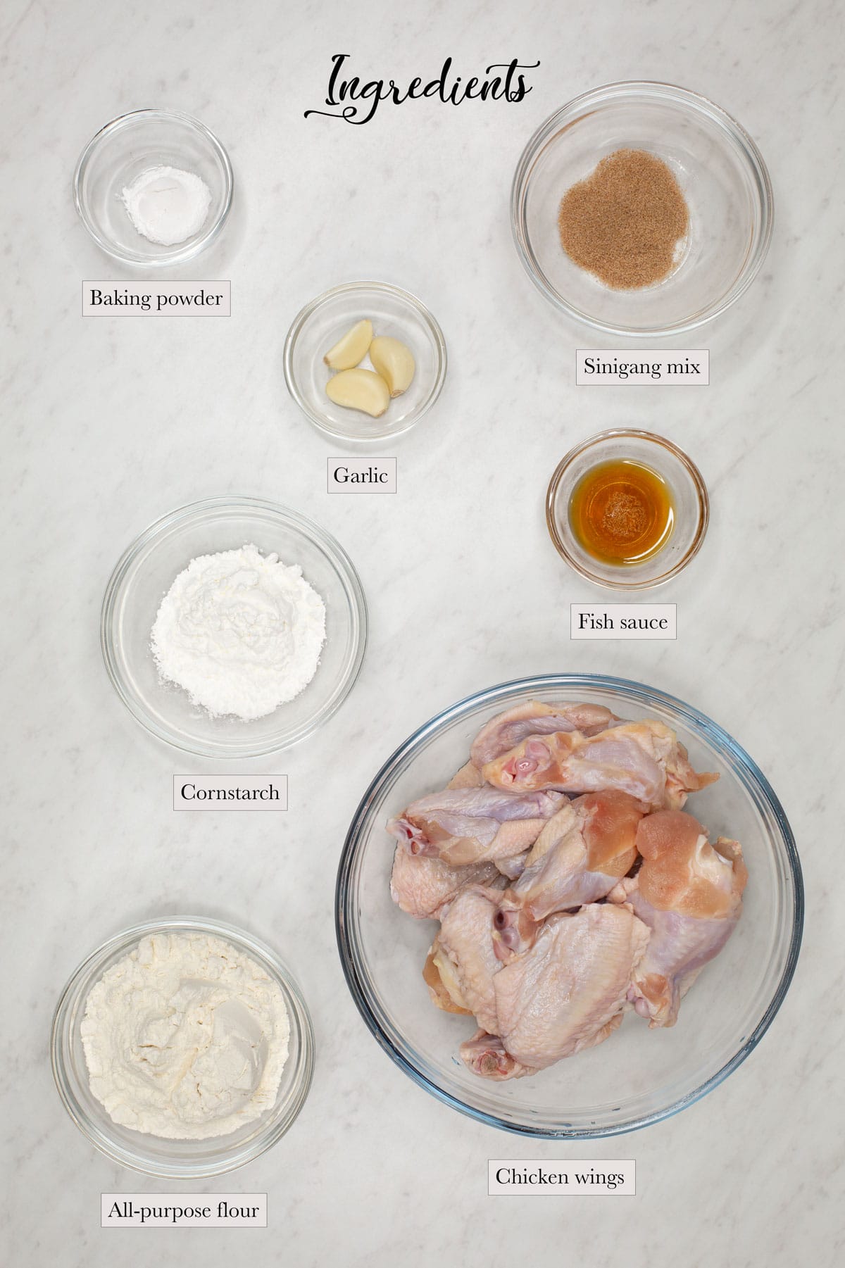 Individual ingredients for Sinigang Fried Chicken Wings