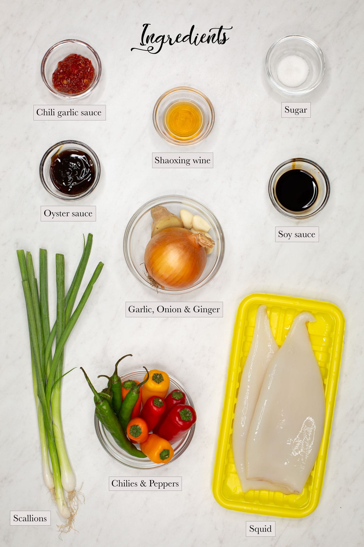 Individual ingredients for Squid Stir Fry