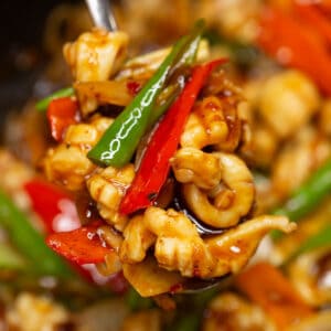 Squid Stir Fry on a spoon