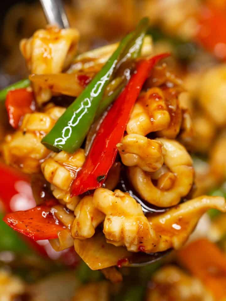 Squid Stir Fry on a spoon