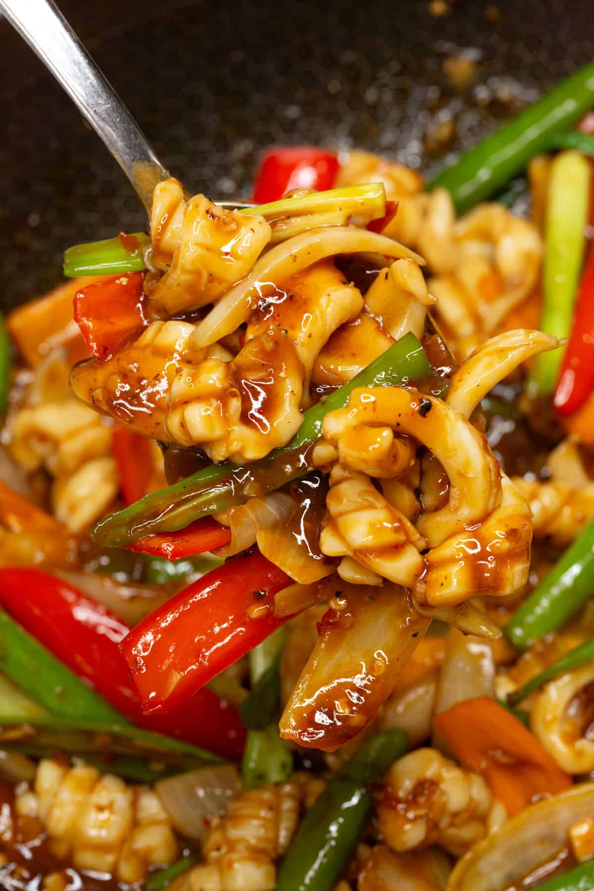 Squid Stir Fry on a spoon