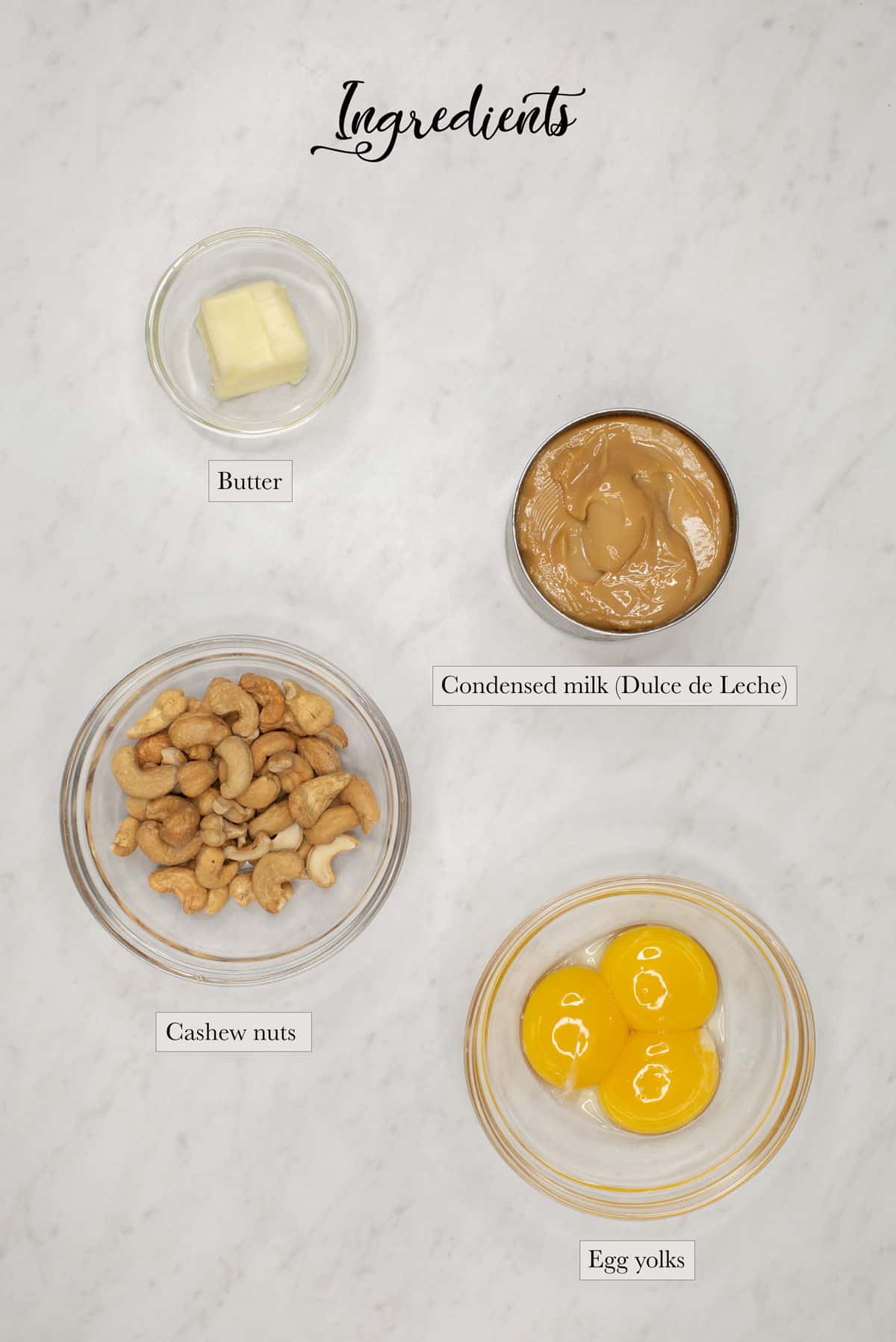 Individual ingredients for the Yema Candy (with Dulce de Leche)