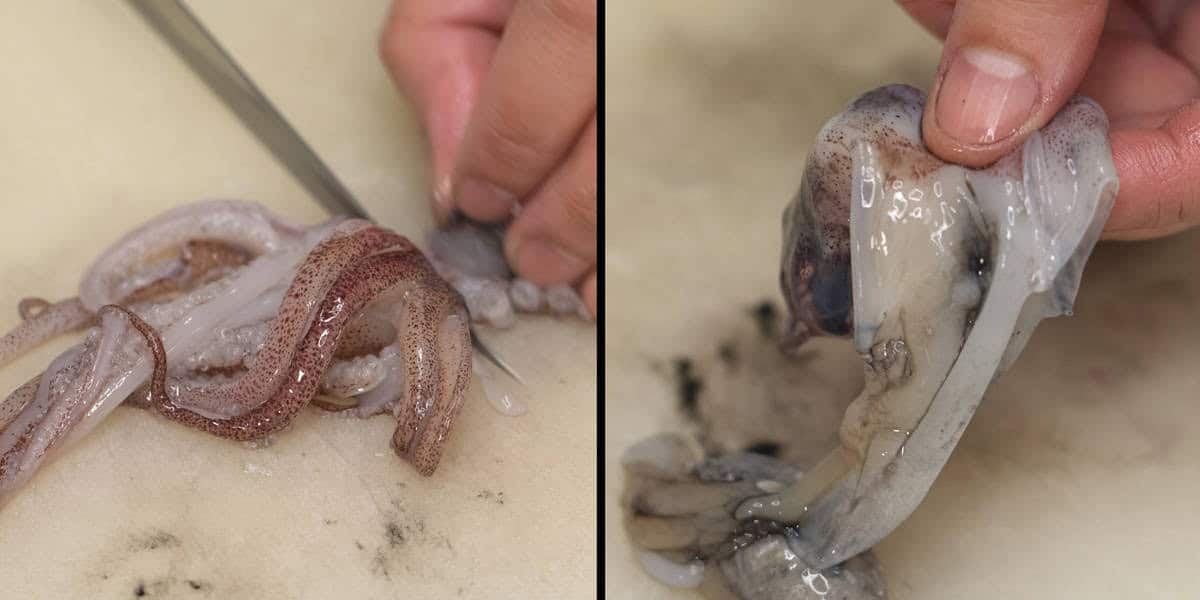 Cutting off the squid head and discarding it.